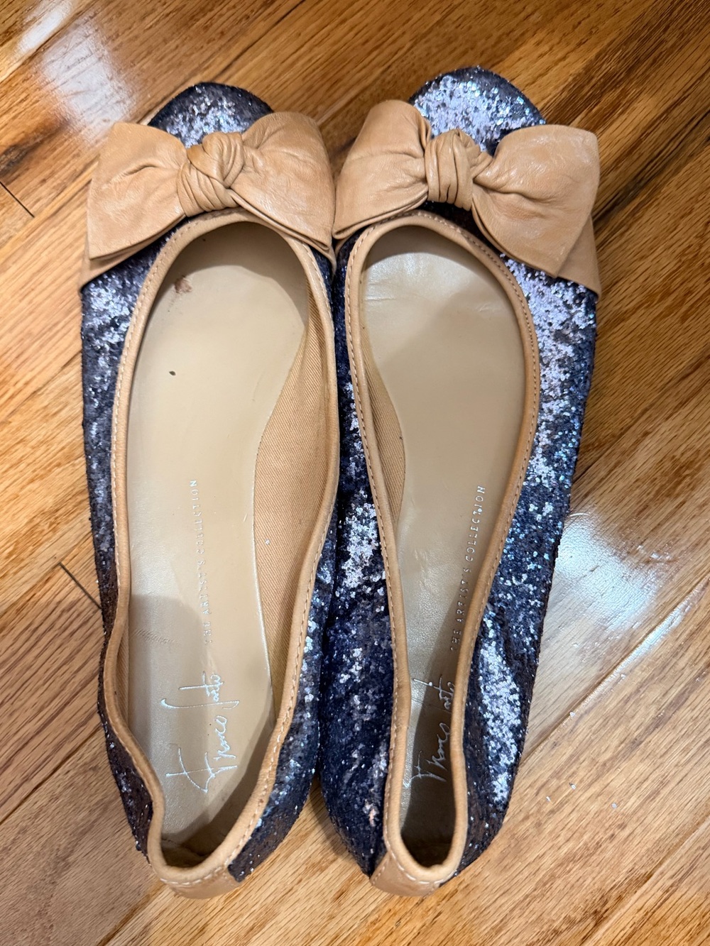 Franco Sarto Gunmetal/Silver Glitter Ballet Flats with Tan Bow